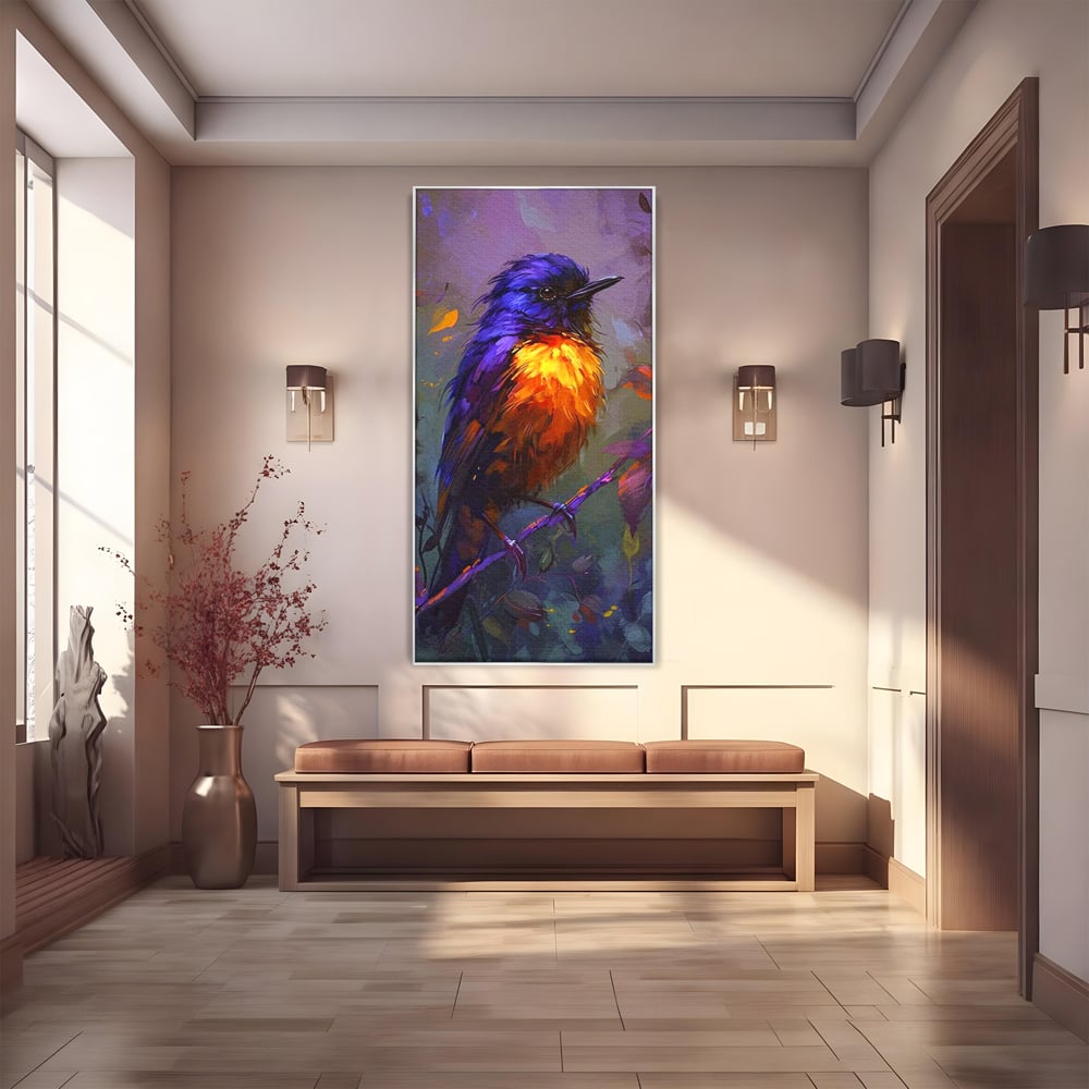 Tablou canvas cu tablou canvas cu pasare colorata pe ramura, in rama de aluminiu argintiu